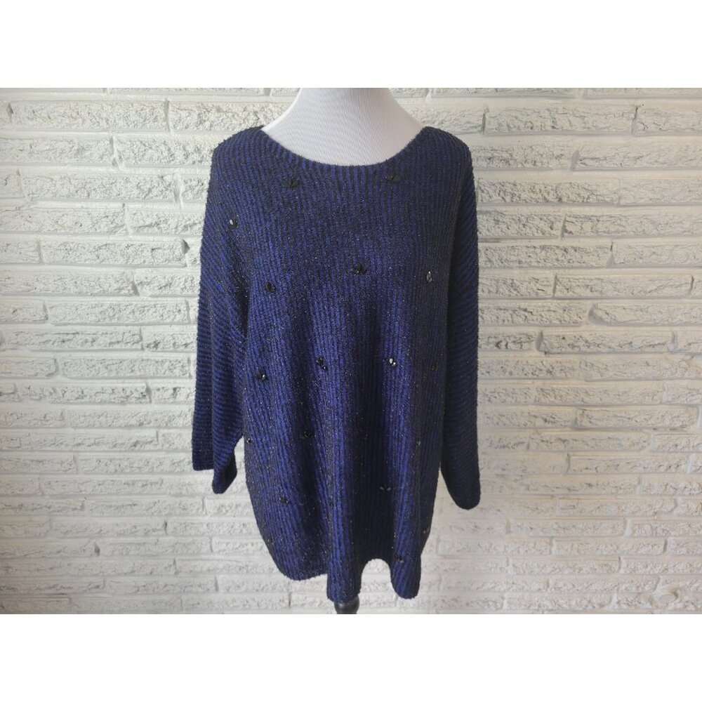 Ruby Rd Womens Sweater 2X Plus Tunic Tight Knit Blue Stripe Beaded STR1XE
